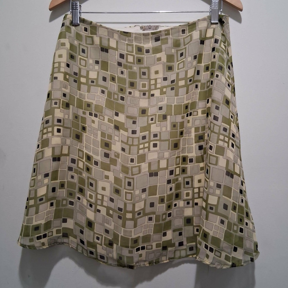 35th & 10th Geometric Square Print Midi Skirt Women Size Medium Green‎ Tan Y2K